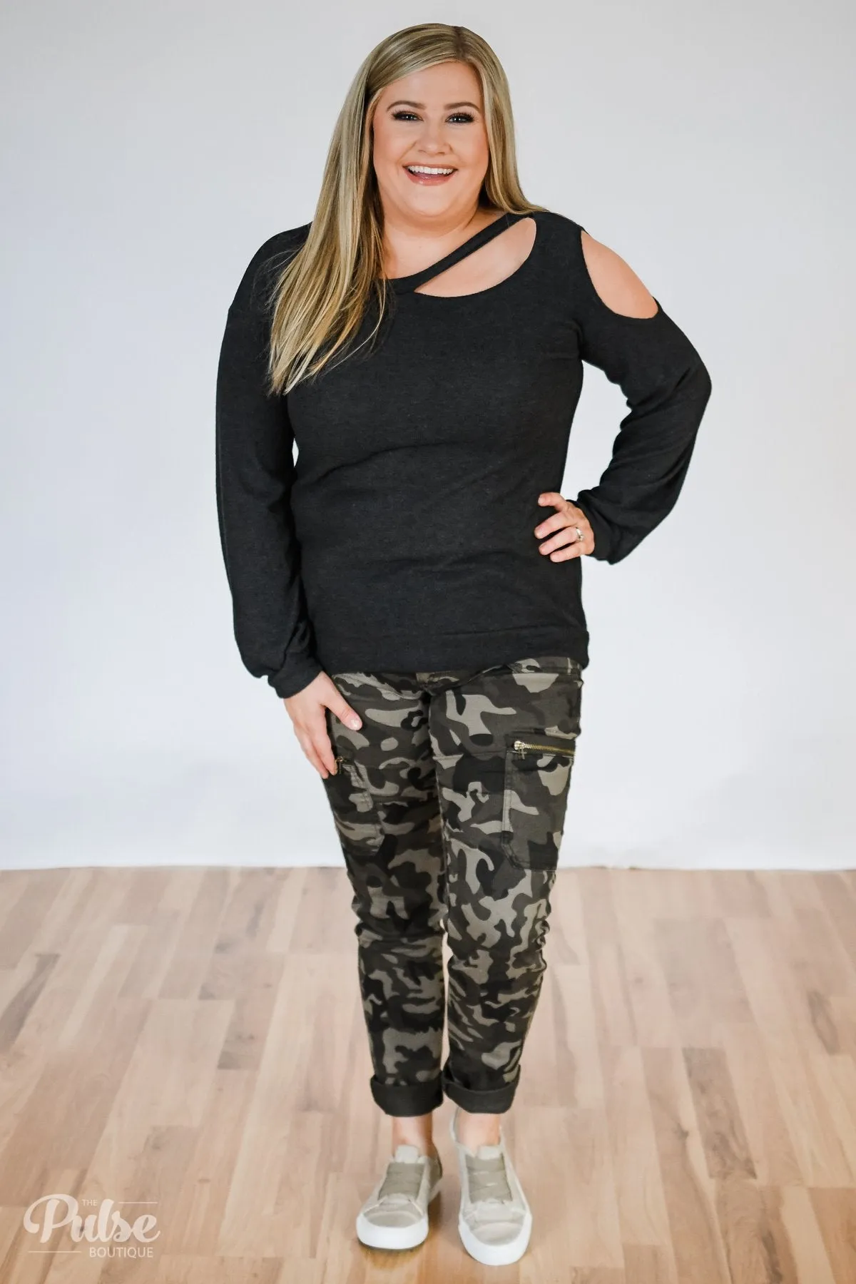Put it to the Side Cold Shoulder Top- Black Charcoal