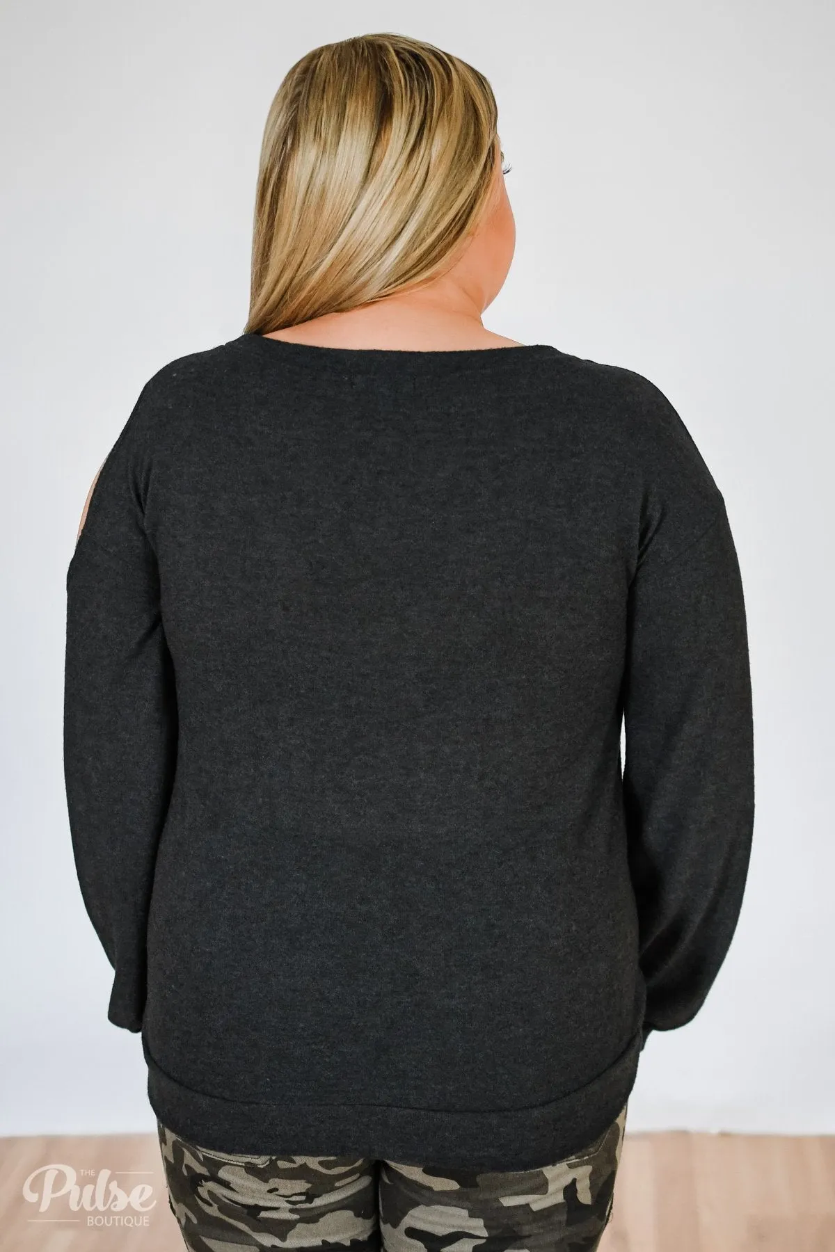 Put it to the Side Cold Shoulder Top- Black Charcoal