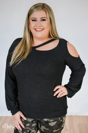 Put it to the Side Cold Shoulder Top- Black Charcoal