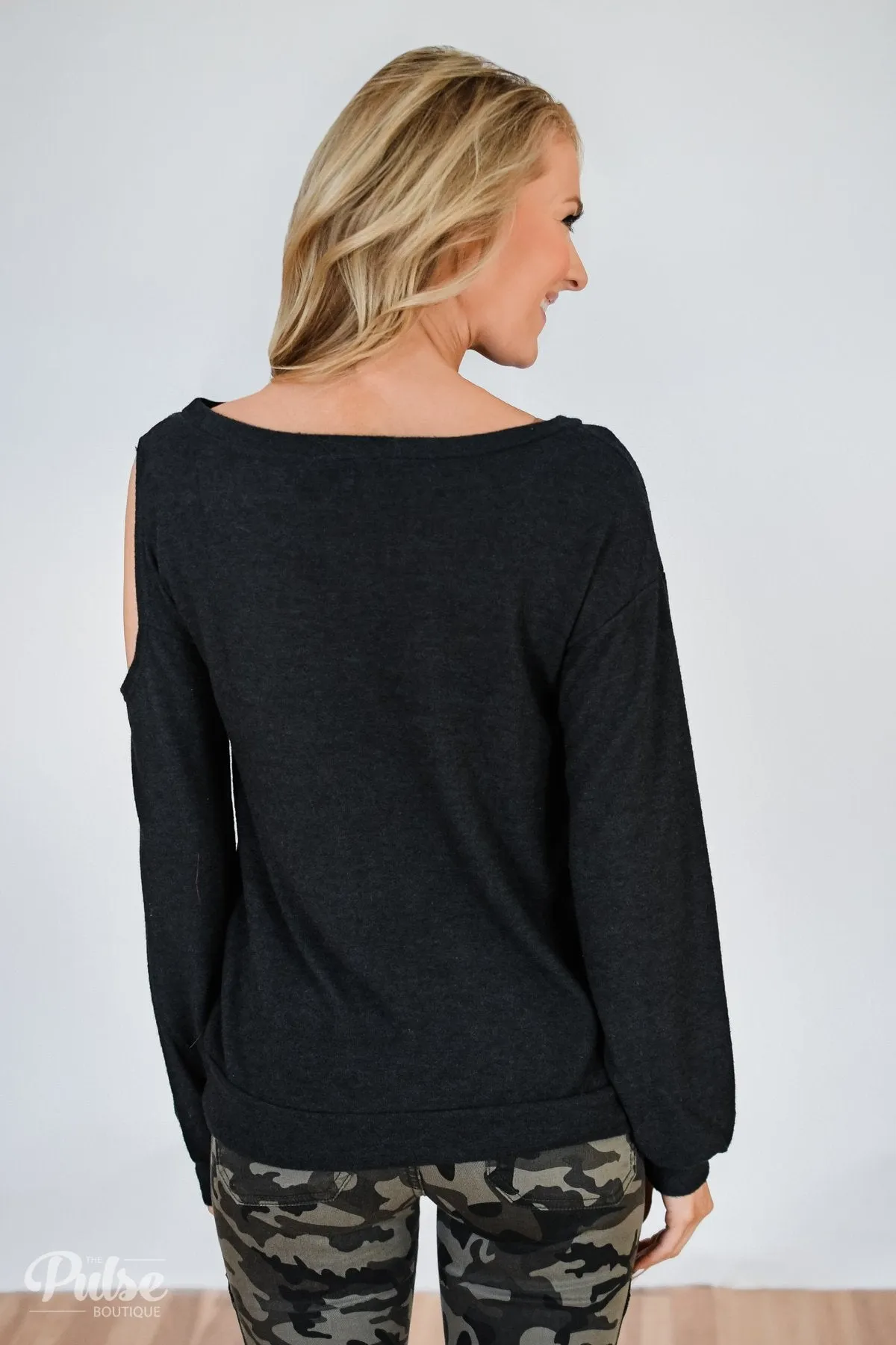 Put it to the Side Cold Shoulder Top- Black Charcoal