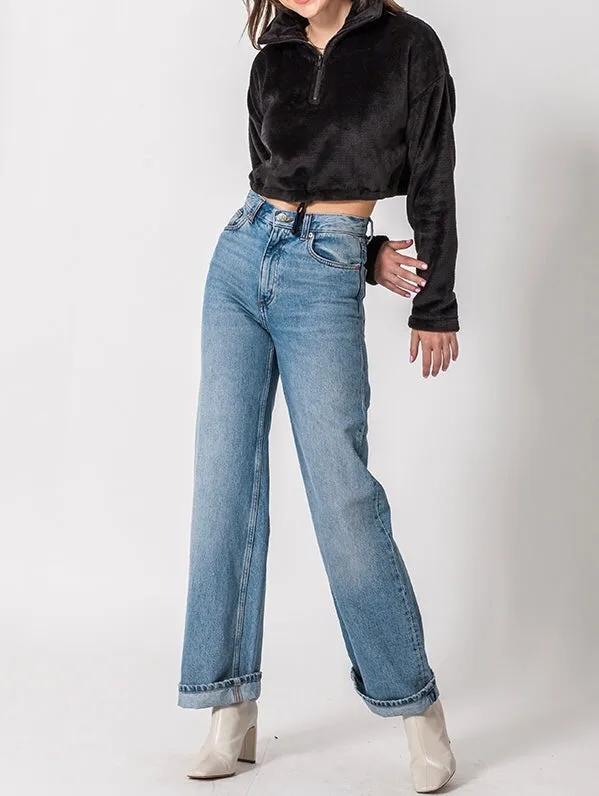 Quarter Zip Drawstring Toggle Drop Shoulder Long Sleeve Mock Neck Teddy Fleece Cropped Sweatshirt