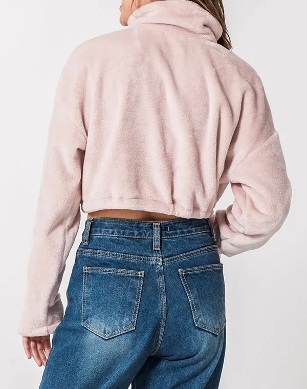 Quarter Zip Drawstring Toggle Drop Shoulder Long Sleeve Mock Neck Teddy Fleece Cropped Sweatshirt