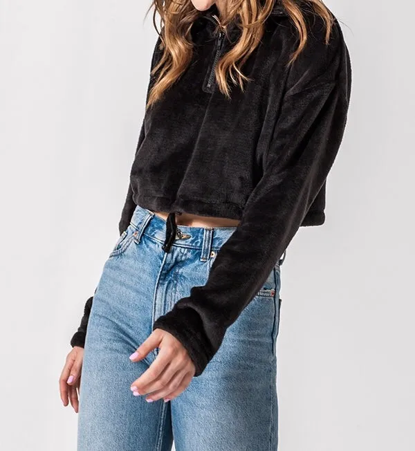 Quarter Zip Drawstring Toggle Drop Shoulder Long Sleeve Mock Neck Teddy Fleece Cropped Sweatshirt