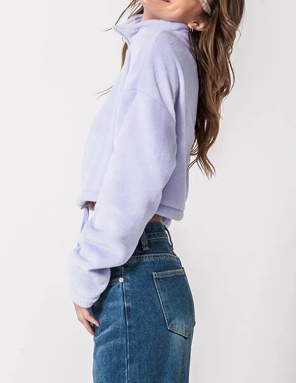 Quarter Zip Drawstring Toggle Drop Shoulder Long Sleeve Mock Neck Teddy Fleece Cropped Sweatshirt