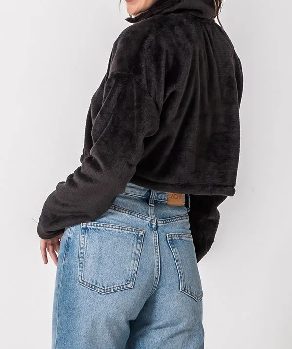 Quarter Zip Drawstring Toggle Drop Shoulder Long Sleeve Mock Neck Teddy Fleece Cropped Sweatshirt