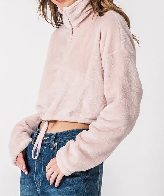 Quarter Zip Drawstring Toggle Drop Shoulder Long Sleeve Mock Neck Teddy Fleece Cropped Sweatshirt