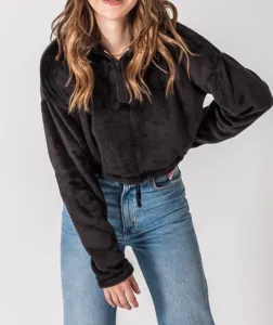 Quarter Zip Drawstring Toggle Drop Shoulder Long Sleeve Mock Neck Teddy Fleece Cropped Sweatshirt