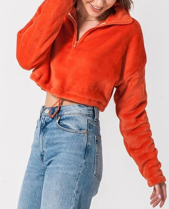 Quarter Zip Drawstring Toggle Drop Shoulder Long Sleeve Mock Neck Teddy Fleece Cropped Sweatshirt