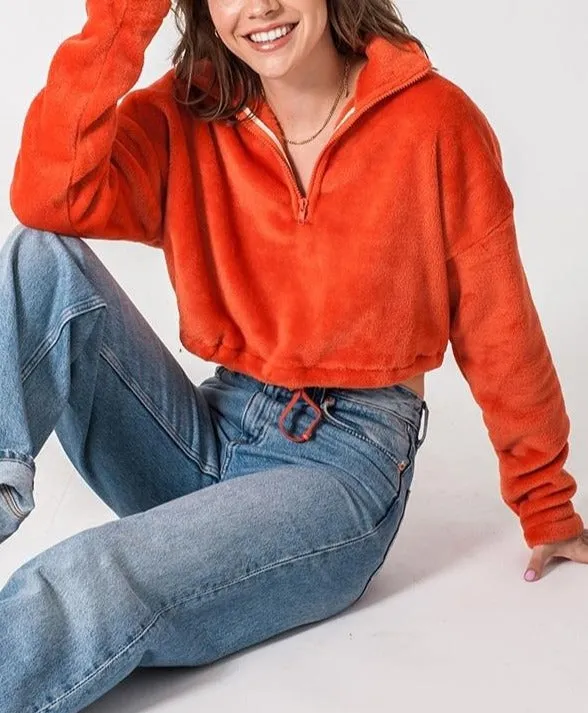 Quarter Zip Drawstring Toggle Drop Shoulder Long Sleeve Mock Neck Teddy Fleece Cropped Sweatshirt