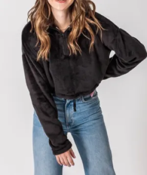 Quarter Zip Drawstring Toggle Drop Shoulder Long Sleeve Mock Neck Teddy Fleece Cropped Sweatshirt