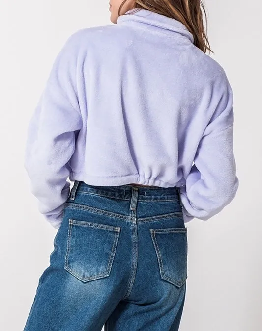 Quarter Zip Drawstring Toggle Drop Shoulder Long Sleeve Mock Neck Teddy Fleece Cropped Sweatshirt