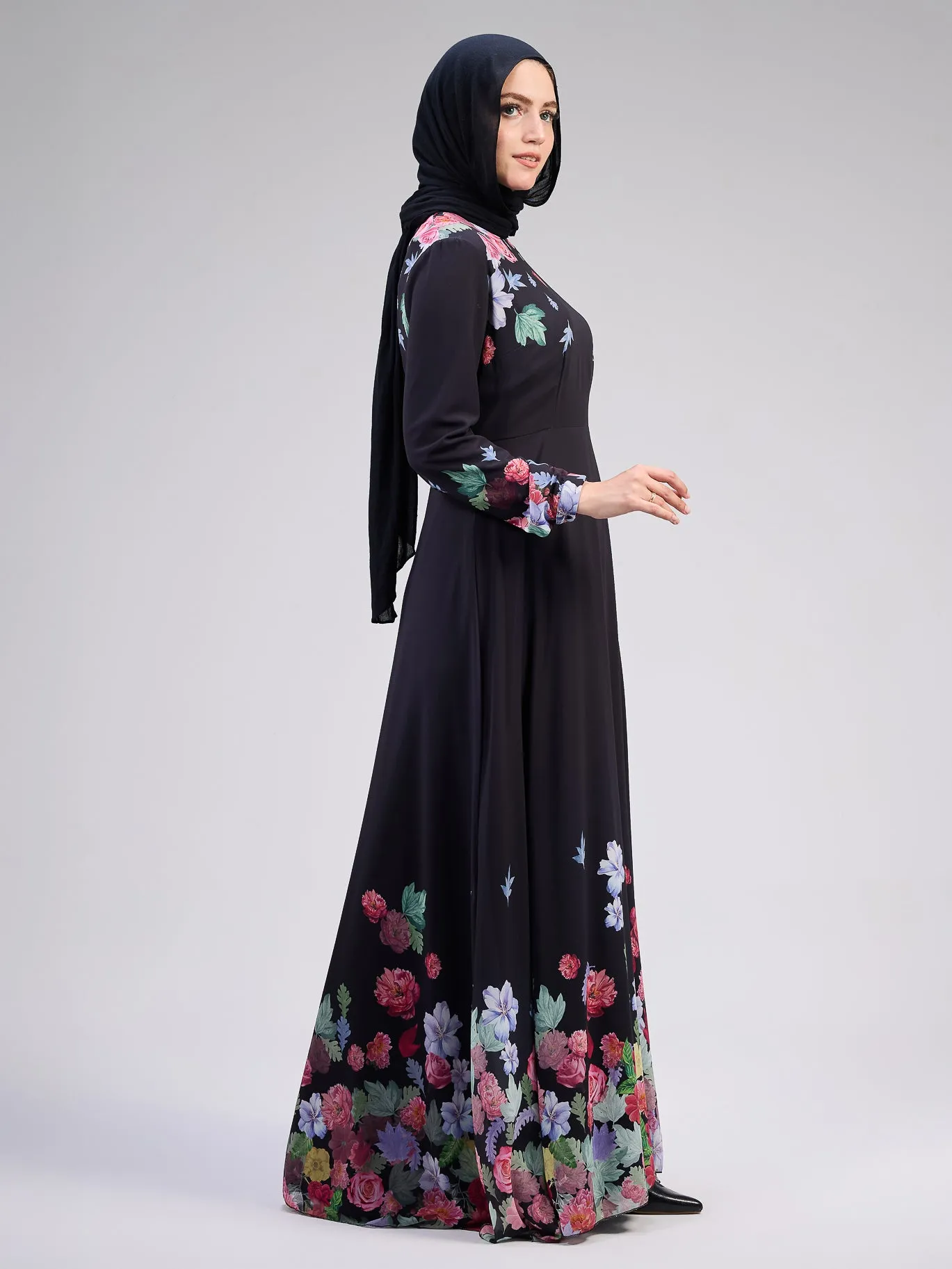 Rafeef Elegant Black Chiffon Maxi Dress with Floral Print Design