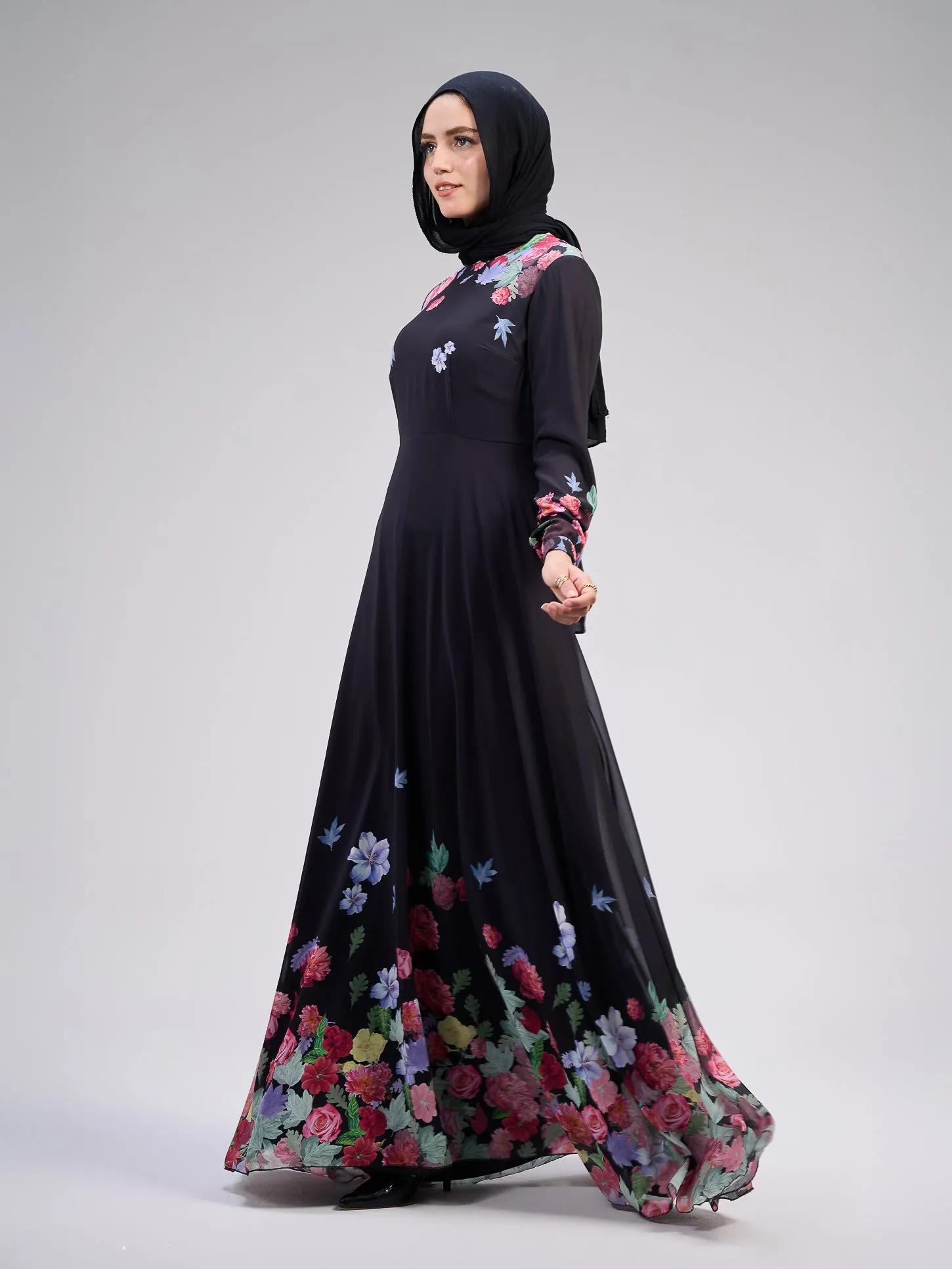 Rafeef Elegant Black Chiffon Maxi Dress with Floral Print Design