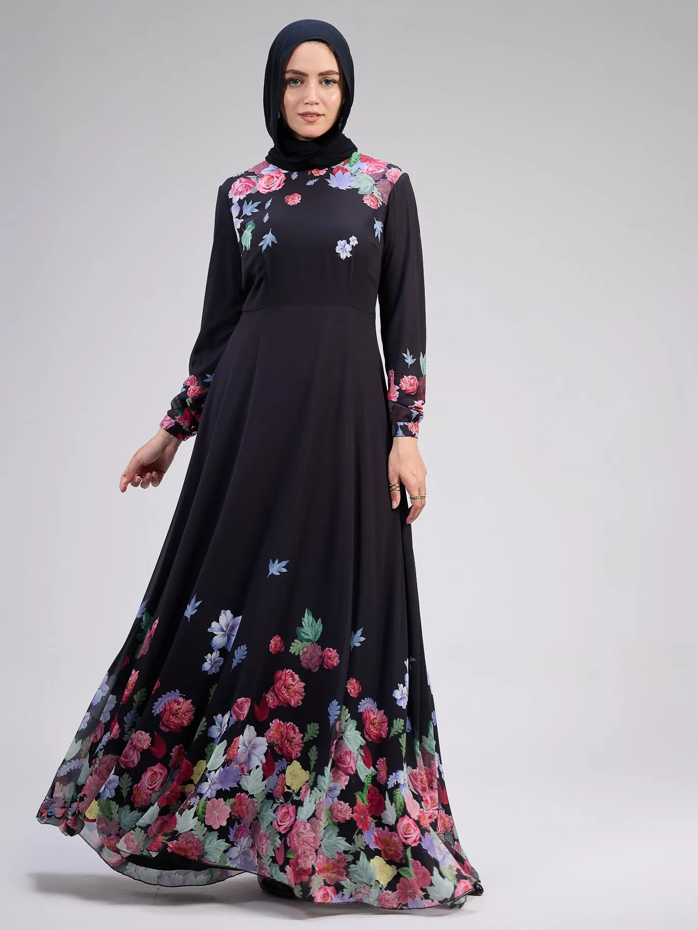 Rafeef Elegant Black Chiffon Maxi Dress with Floral Print Design