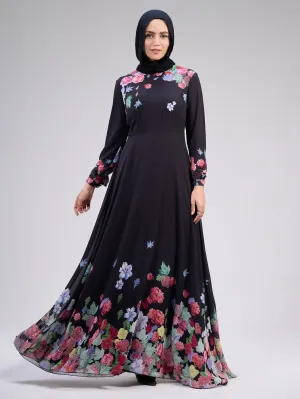 Rafeef Elegant Black Chiffon Maxi Dress with Floral Print Design