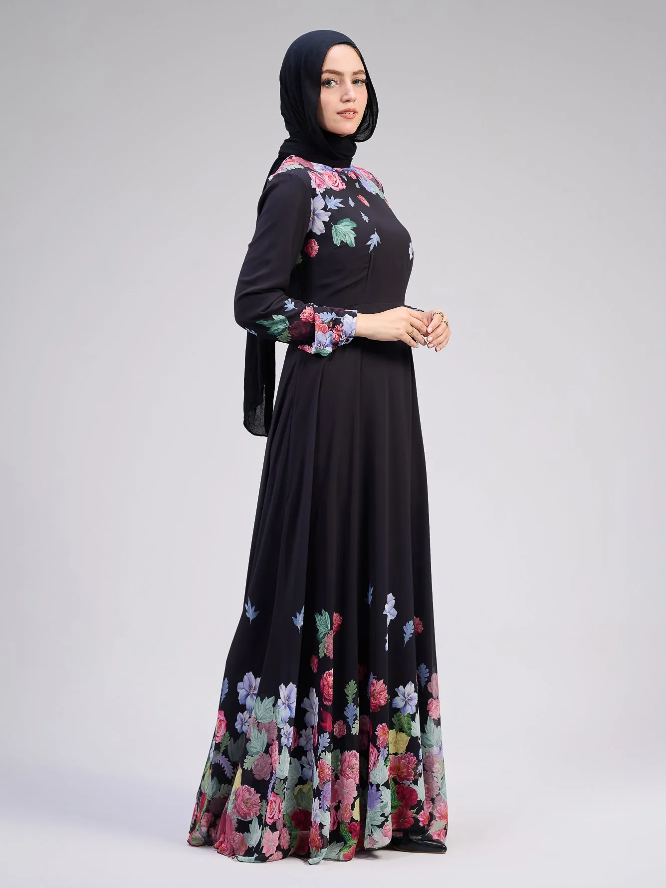 Rafeef Elegant Black Chiffon Maxi Dress with Floral Print Design