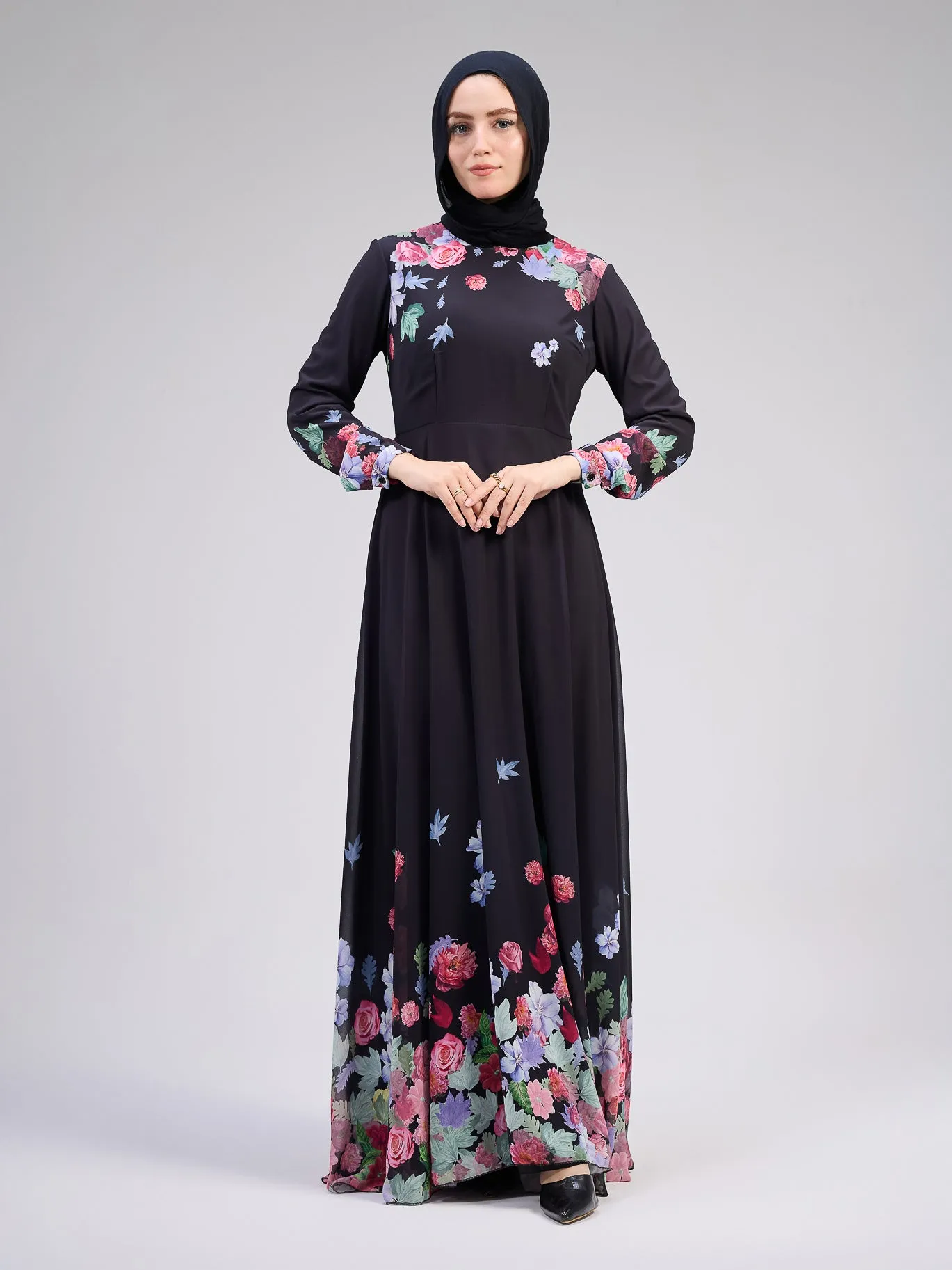 Rafeef Elegant Black Chiffon Maxi Dress with Floral Print Design