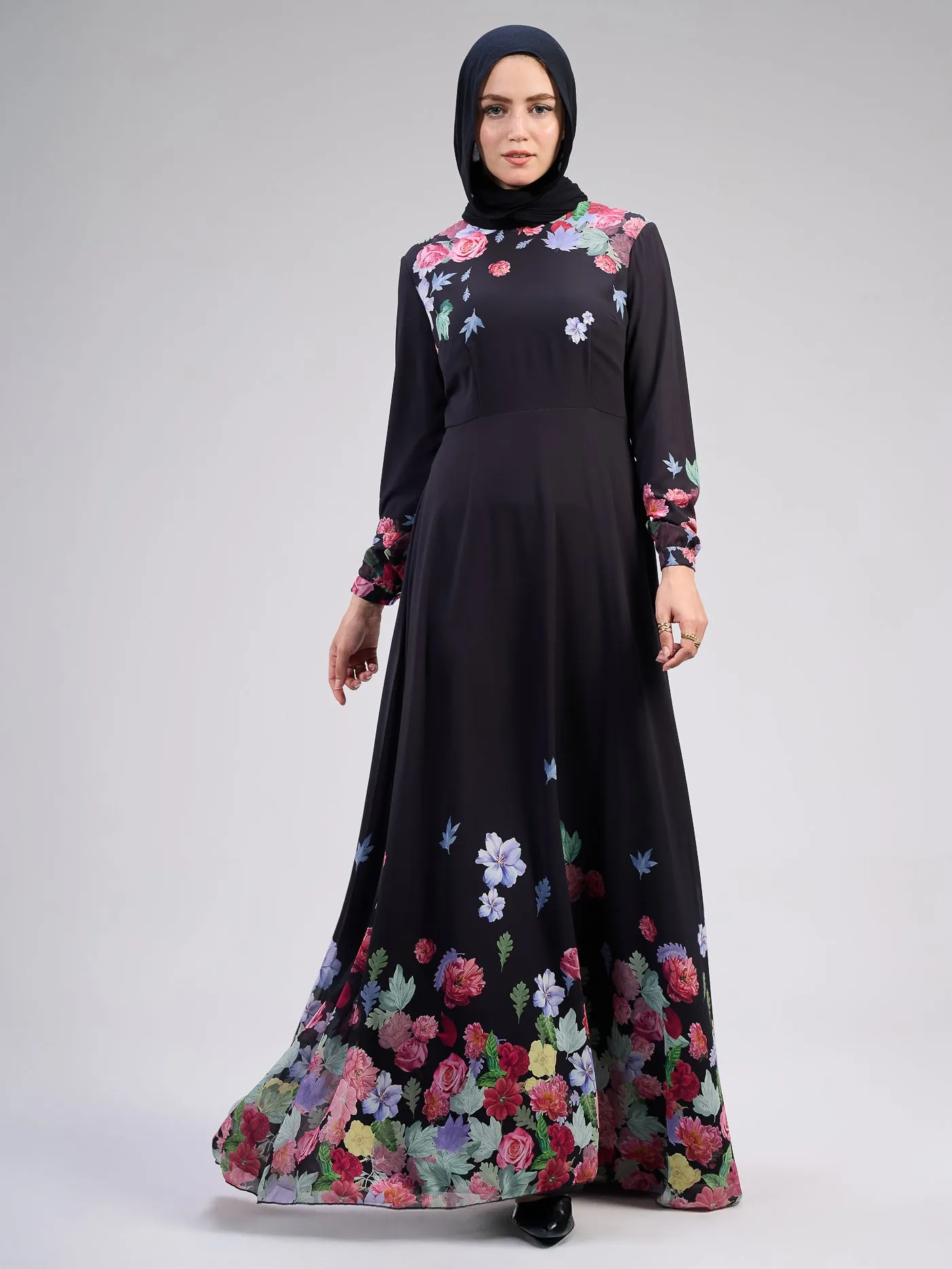 Rafeef Elegant Black Chiffon Maxi Dress with Floral Print Design