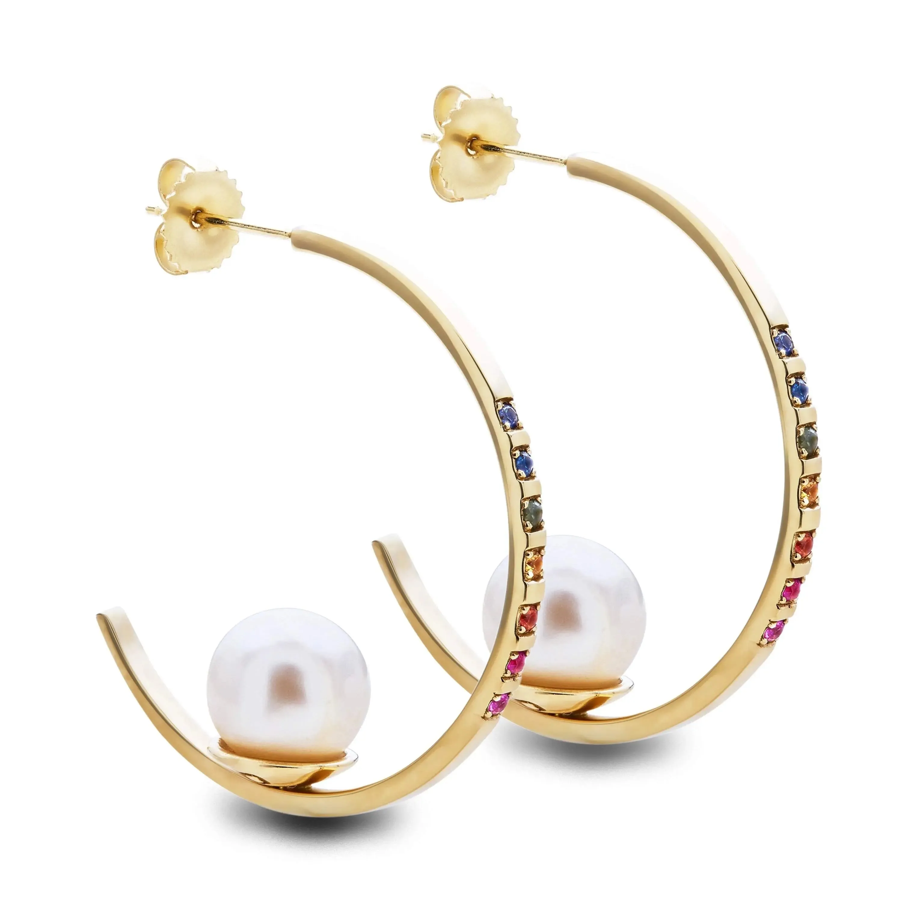 Rainbow Sapphire Floating Pearl Hoops
