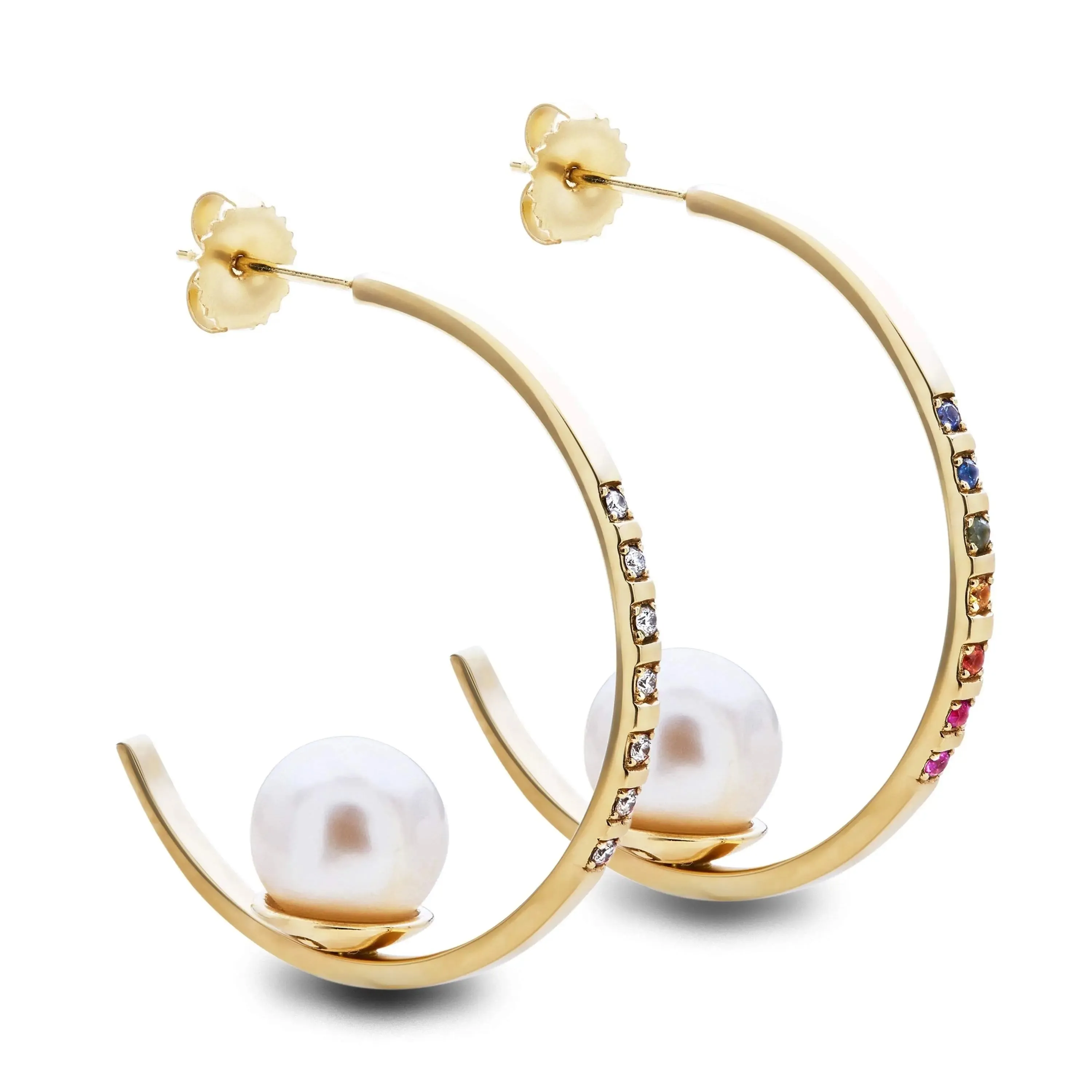 Rainbow Sapphire Floating Pearl Hoops