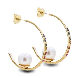 Rainbow Sapphire Floating Pearl Hoops