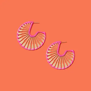 Rattan Wrapped Gold Fan Hoops {pink}