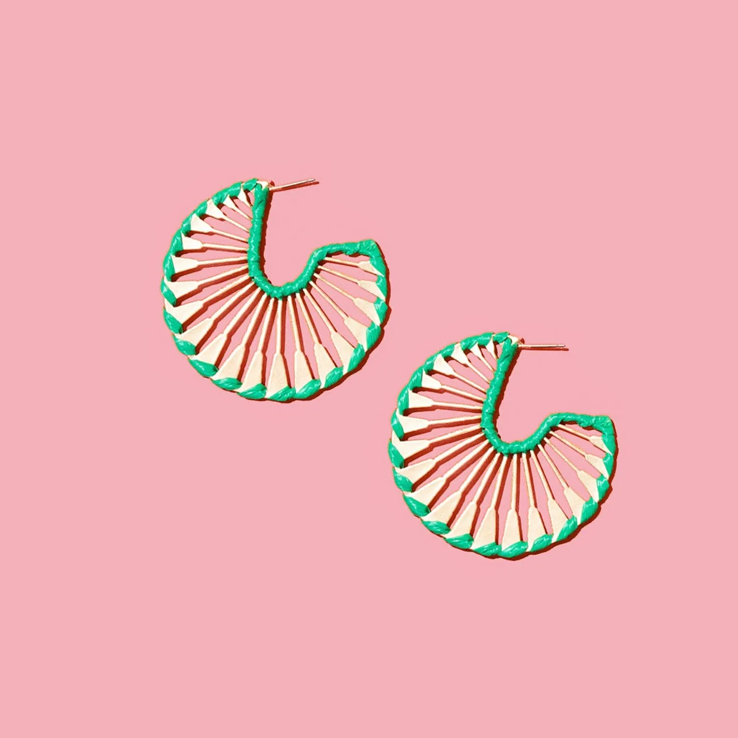 Rattan Wrapped Gold Fan Hoops {pink}