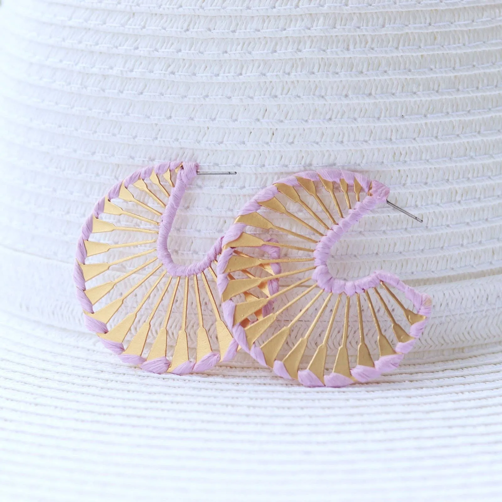 Rattan Wrapped Gold Fan Hoops {pink}