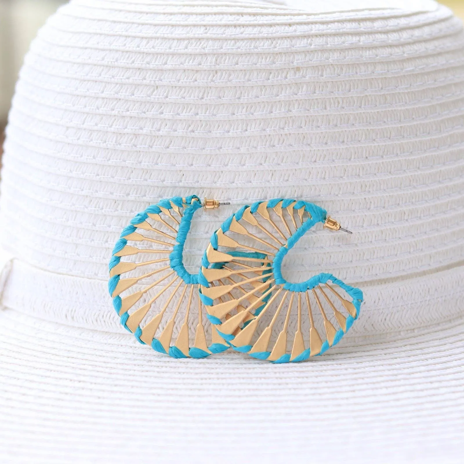 Rattan Wrapped Gold Fan Hoops {pink}