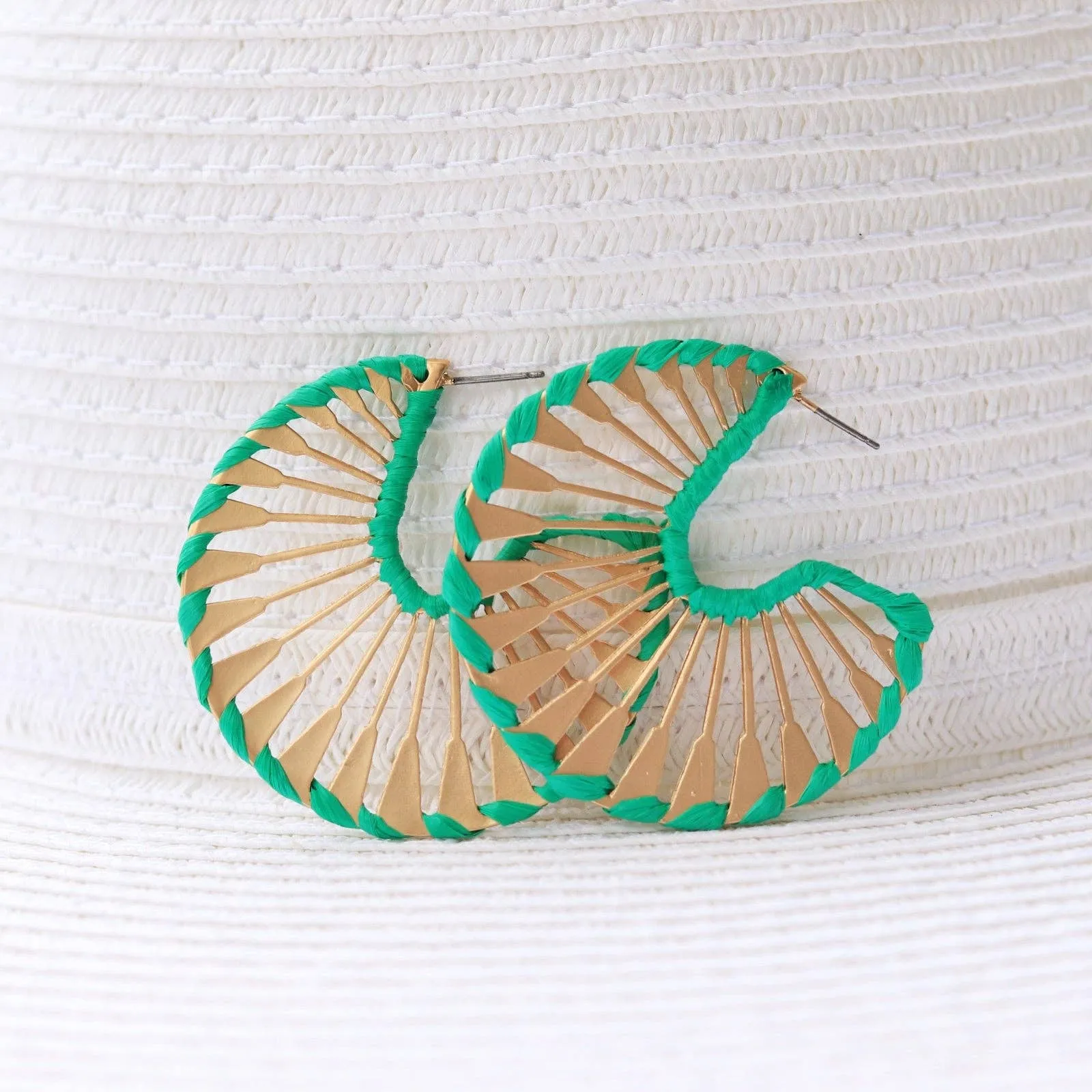 Rattan Wrapped Gold Fan Hoops {pink}