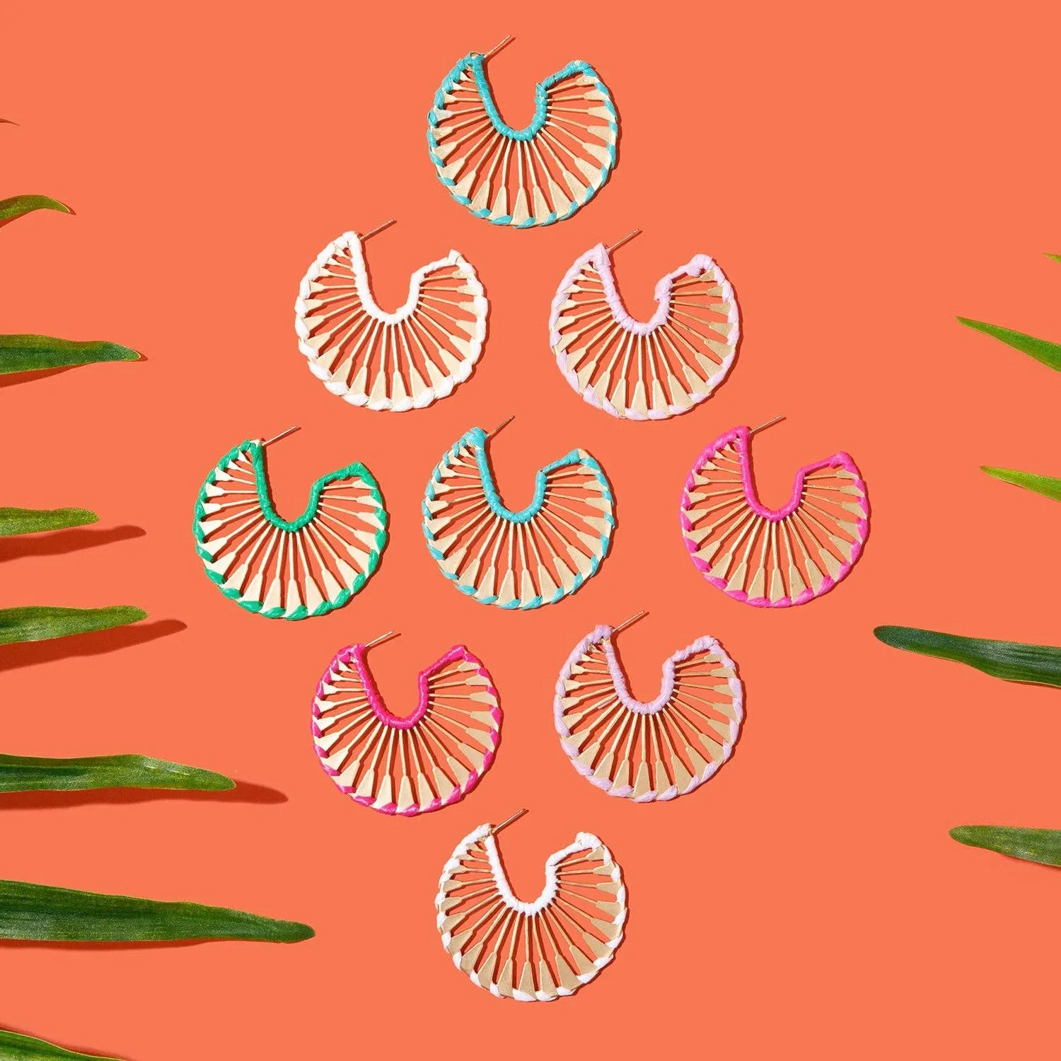 Rattan Wrapped Gold Fan Hoops {pink}
