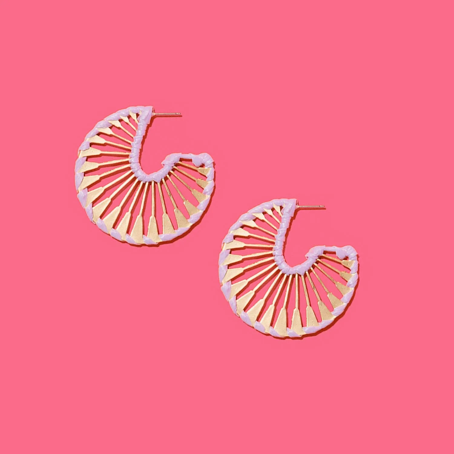 Rattan Wrapped Gold Fan Hoops {pink}