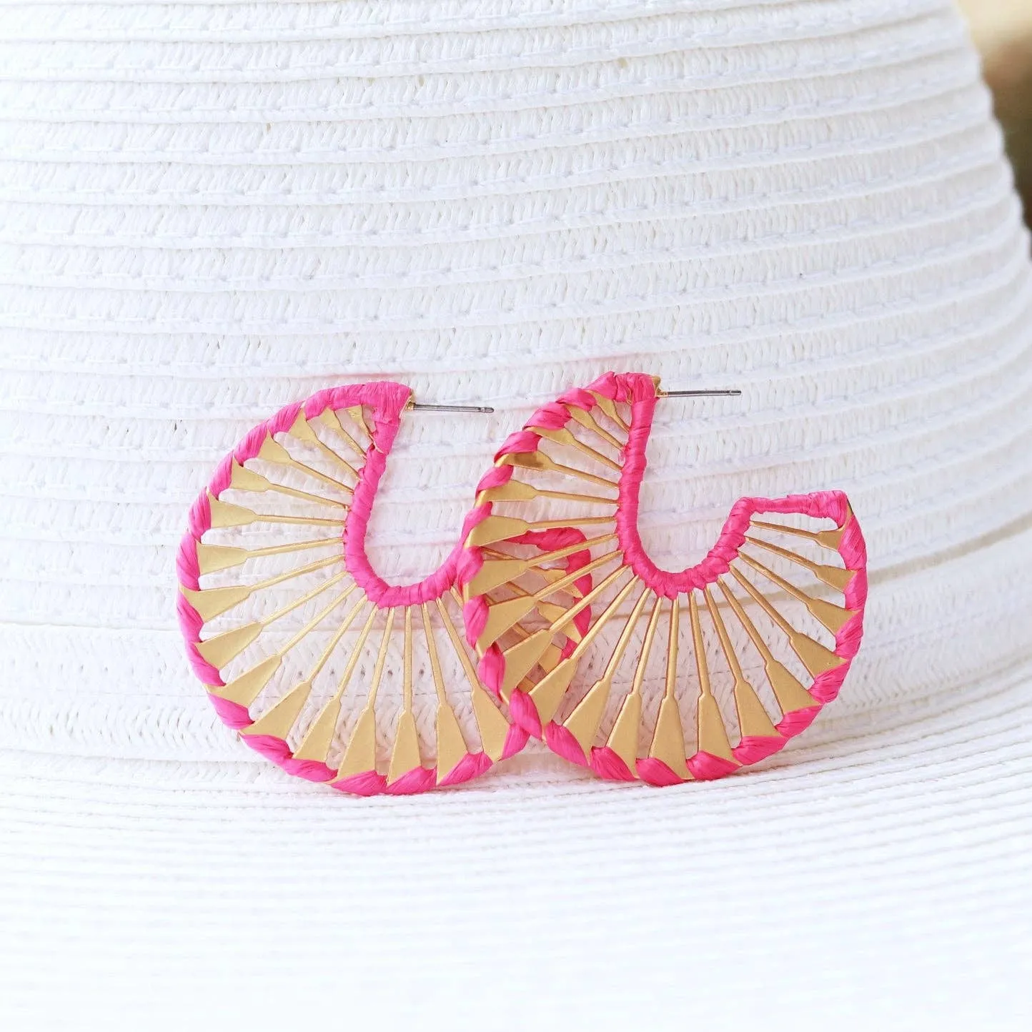 Rattan Wrapped Gold Fan Hoops {pink}