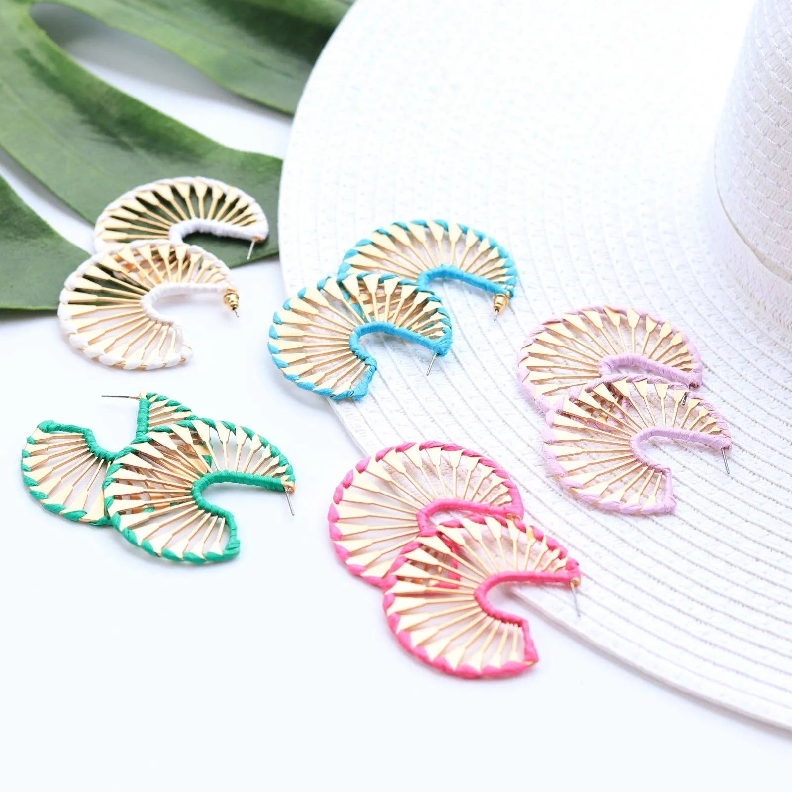Rattan Wrapped Gold Fan Hoops {pink}