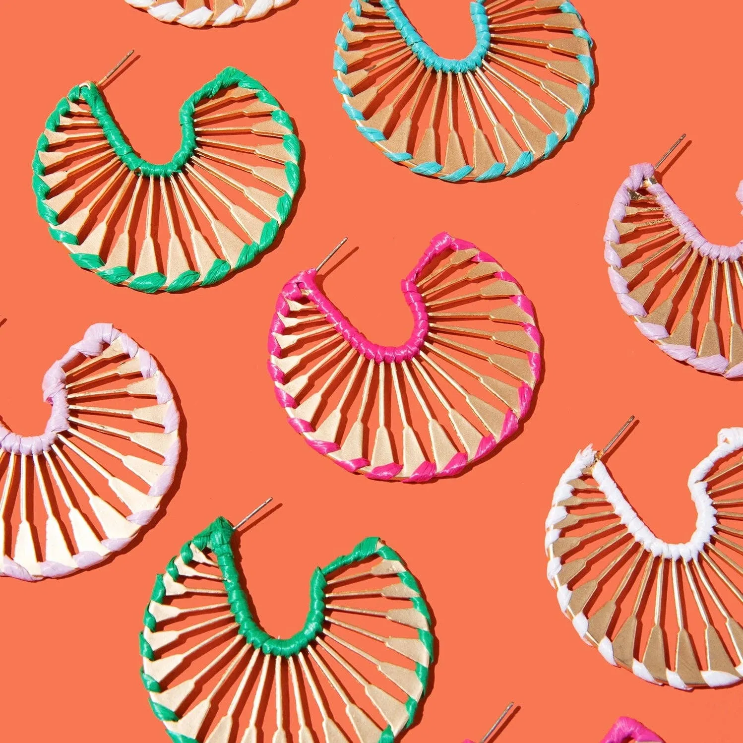 Rattan Wrapped Gold Fan Hoops {pink}
