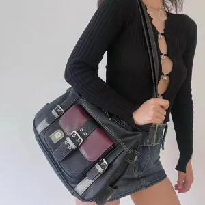 Realaiot Vintage High Quality PU Leather Shoulder Bag tote Women's Hip hop Messenger Bag Large Capacity Handbag Commuter Bag Female