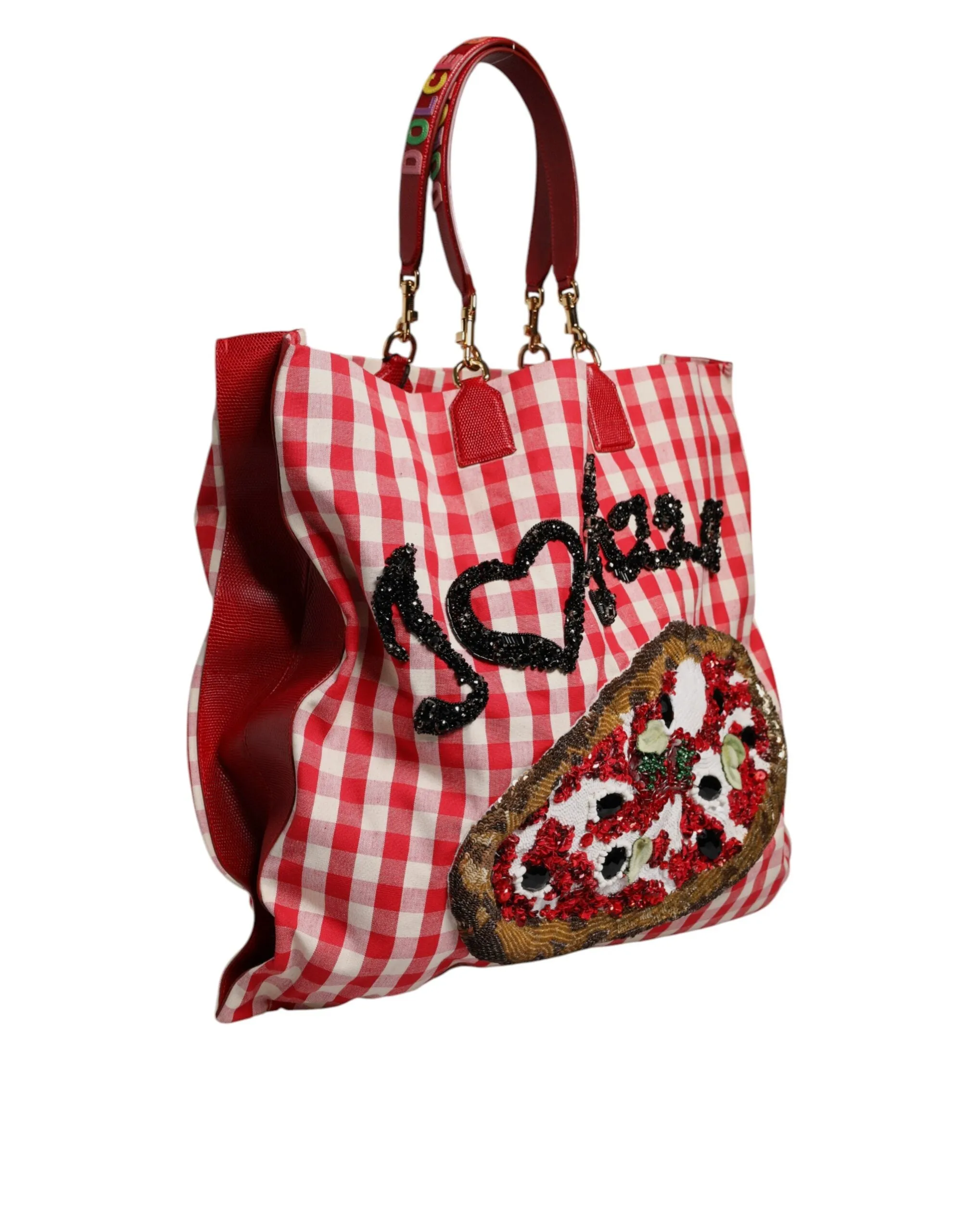 Red Checkered Embellished Shopping Tote Cotton Bag