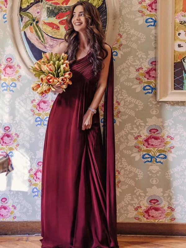 Red Prom Dress A-Line One-Shoulder Chiffon Sleeveless Pleated Maxi Party Dresses