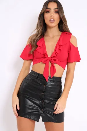 Red Tie Front Cold Shoulder Crop Top - Ellinor