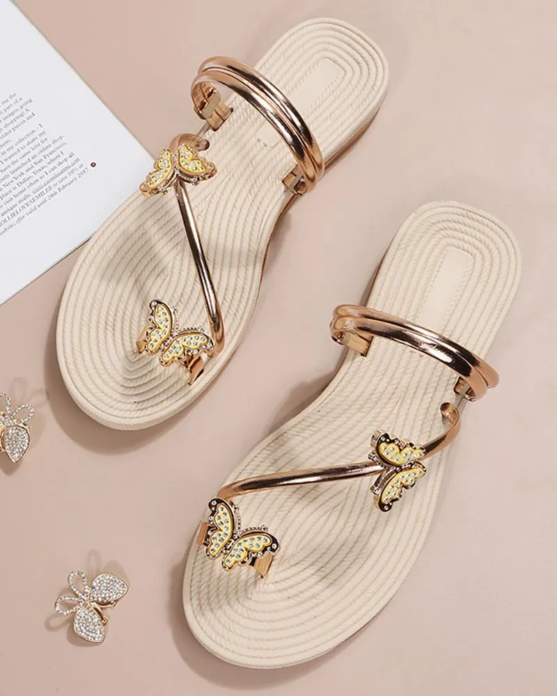 Rhinestone Butterfly Pattern Toe Ring Flip Flops