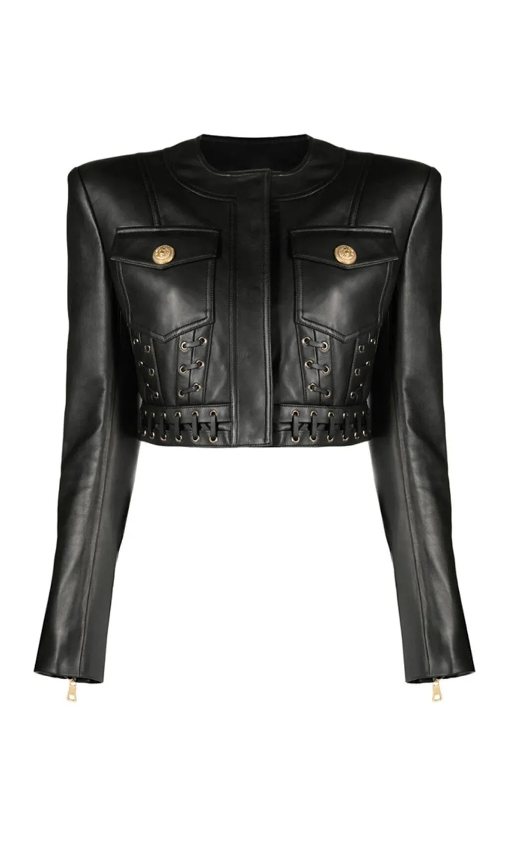 ROUND NECK HEAVY DUTY ROPE SHORT LEATHER JACKET SUIT