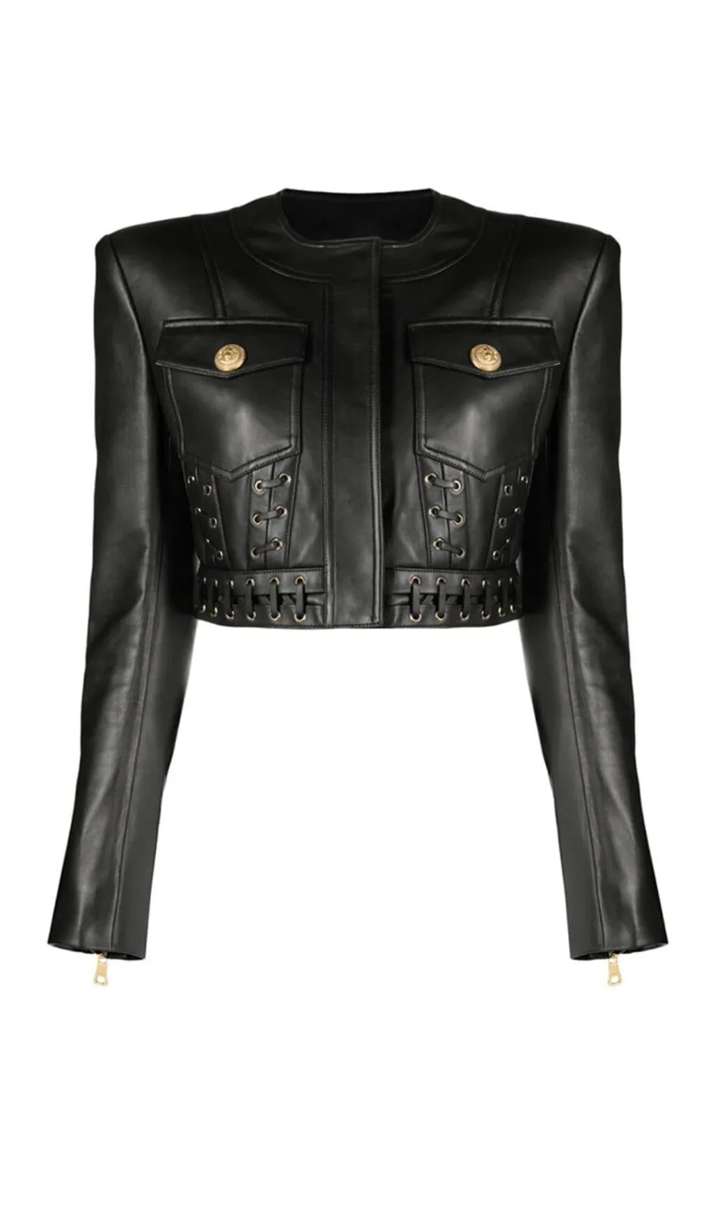 ROUND NECK HEAVY DUTY ROPE SHORT LEATHER JACKET SUIT