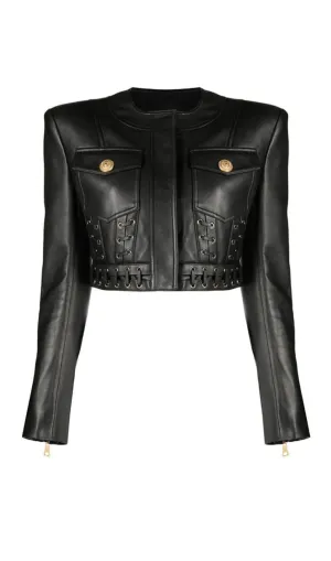 ROUND NECK HEAVY DUTY ROPE SHORT LEATHER JACKET SUIT