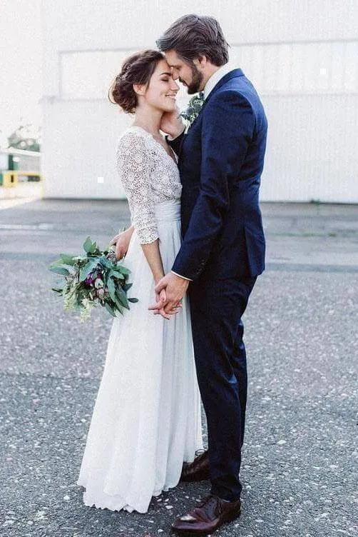Roycebridal Elegant See Through 3/4 Sleeve Backless Lace and Chiffon Rustic Wedding Dress, MW262
