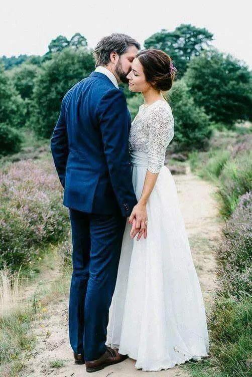 Roycebridal Elegant See Through 3/4 Sleeve Backless Lace and Chiffon Rustic Wedding Dress, MW262