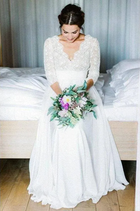 Roycebridal Elegant See Through 3/4 Sleeve Backless Lace and Chiffon Rustic Wedding Dress, MW262