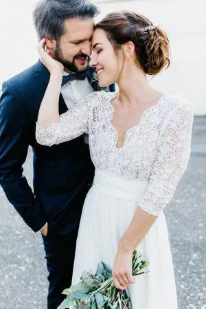 Roycebridal Elegant See Through 3/4 Sleeve Backless Lace and Chiffon Rustic Wedding Dress, MW262