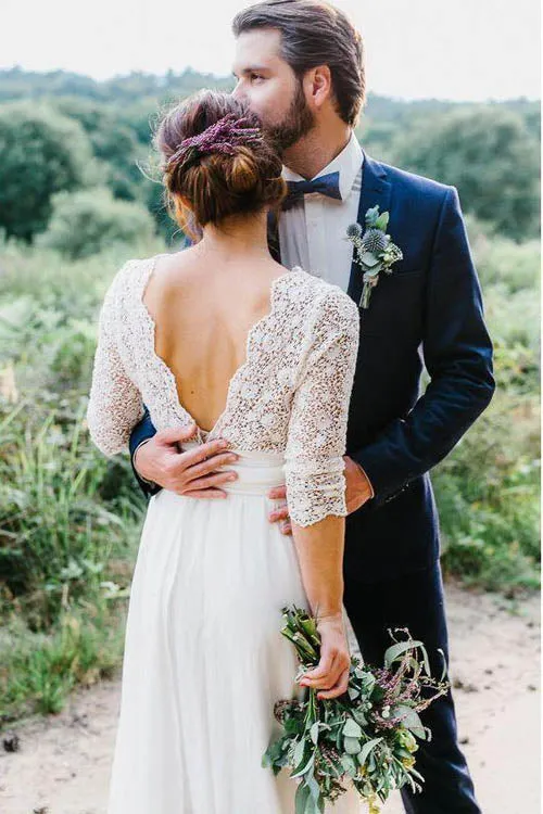 Roycebridal Elegant See Through 3/4 Sleeve Backless Lace and Chiffon Rustic Wedding Dress, MW262