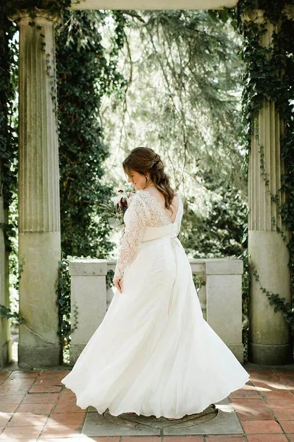 Roycebridal Ivory Chiffon Lace A-line Scoop Plus Size Long Sleeves Wedding Dresses, MW585