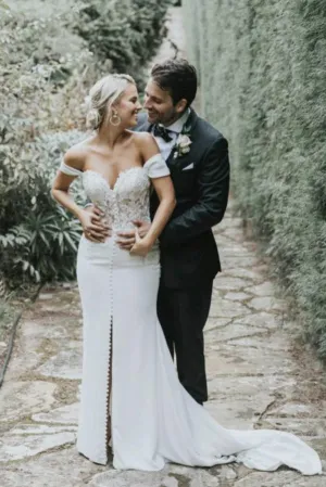Roycebridal Off The Shoulder Mermaid Sweetheart Chiffon Wedding Dress with Split,MW436